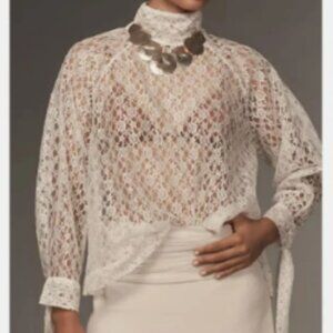 Anthro Forever That Girl Turtleneck Billowy Lace Blouse Top White Sheer Medium